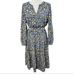 Dr2 | Women's Blue Boho Floral Casual A-Line Dress Midi 3/4 Sleeve